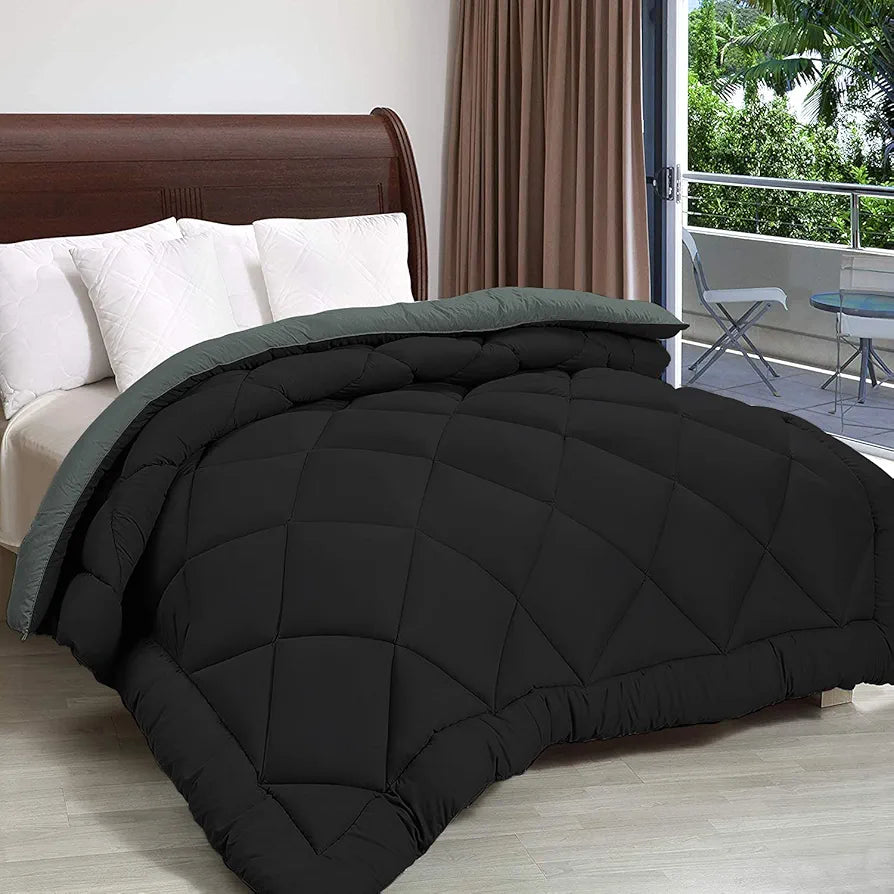Cloth Fusion Reversible AC Comforter Set Double Bed Soft Microfibre King Size Quilt Blanket for Winter Black & Grey