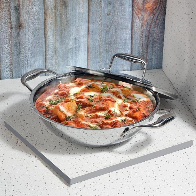 Vinod Sas Pro Platinum Stainless Steel Non Stick Extra Deep Kadai With Lid- 3.3 Litre, 24cm | Hexa Design Triply Kadhai