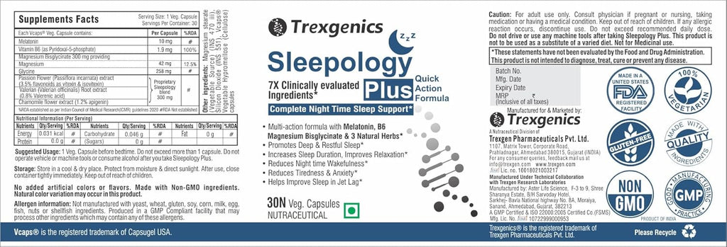Trexgenics SLEEPOLOGY PLUS Melatonin 10 mg Sleep Support with Magnesium bisglyciante, P5P, Chamomile, Passion flower, Valerian VEGAN & NON-GMO (30 Veg. Capsules) (Pack of 1)