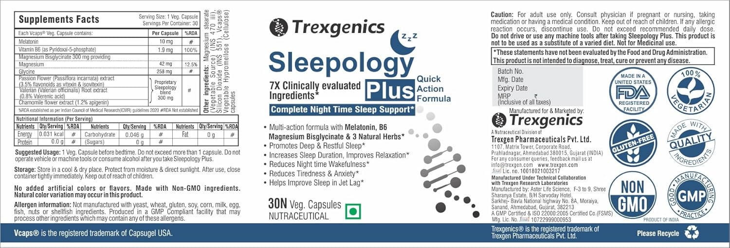 Trexgenics SLEEPOLOGY PLUS Melatonin 10 mg Sleep Support with Magnesium bisglyciante, P5P, Chamomile, Passion flower, Valerian VEGAN & NON-GMO (30 Veg. Capsules) (Pack of 1)