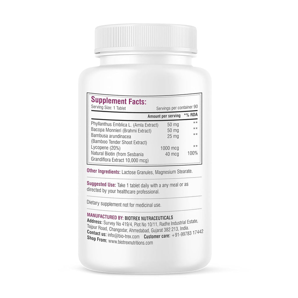 Biotrex Nutraceuticals Biotin Supplement For Hair, Skin & Nails, Enriched With Amla, Brahmi, Lycopene & Bamboo Extract - 90 Tablets