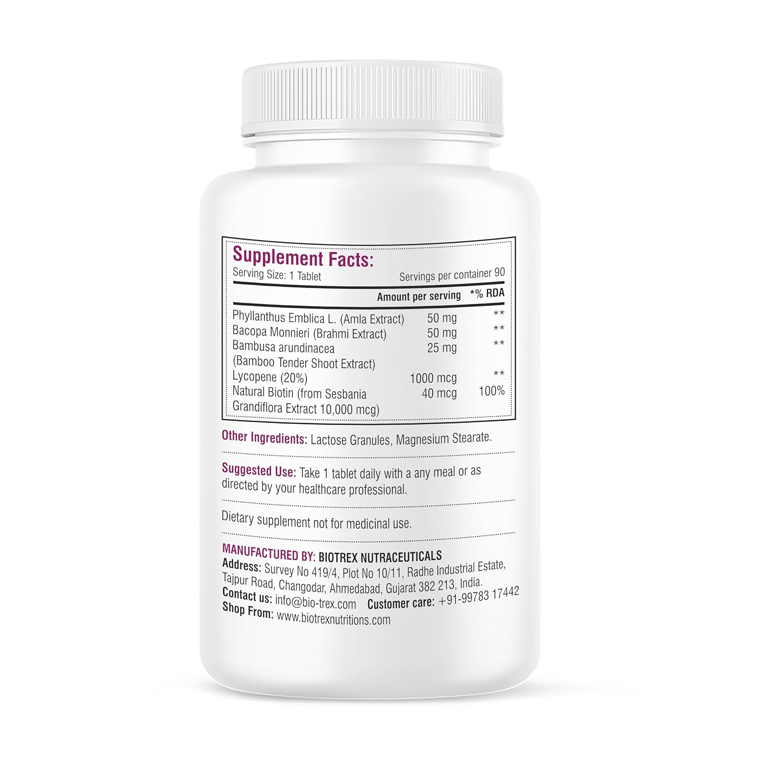 Biotrex Nutraceuticals Biotin Supplement For Hair, Skin & Nails, Enriched With Amla, Brahmi, Lycopene & Bamboo Extract - 90 Tablets