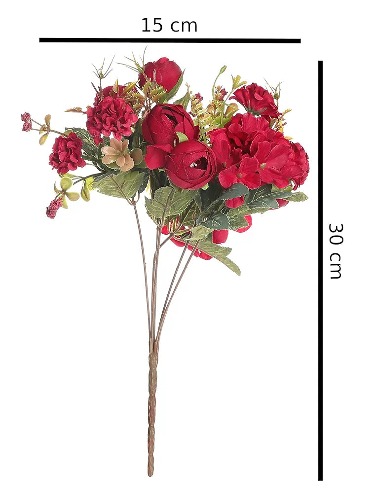 Artificial Head Rose Peony Fake Flowers Sticks Bunch Red