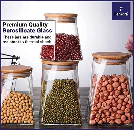 Femora Kitchen Storage Jars Borosilicate Glass Jars for Kitchen With Wooden Lid Air Tight Jar | 900 Ml | Pack of 2