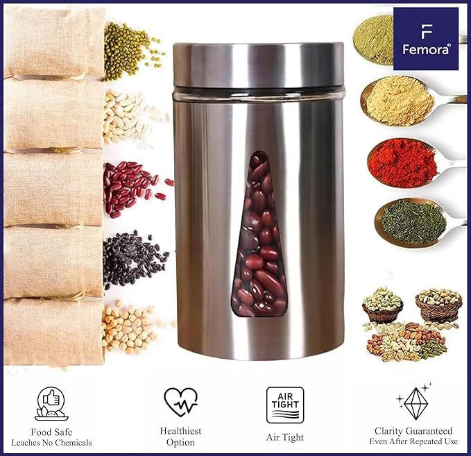 Femora Kitchen Storage Jars Steel Finish With See Through Window Jar | 1000 Ml | Pack of 1