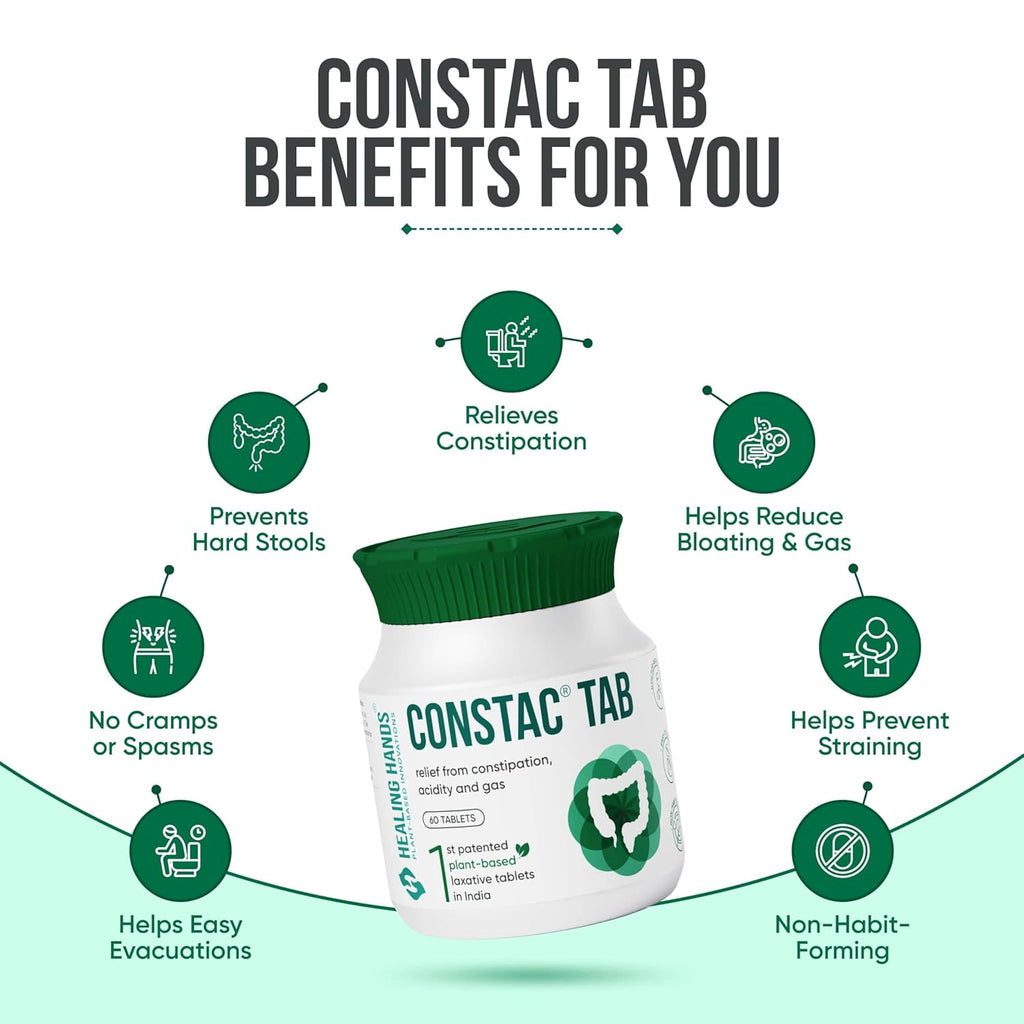 Healing Hands ConstacTab Tablet for Relief in Mild Constipation, Acidity and Gas, Plant Based Natural Constipation Solution, Clinically Proven, Herbal â€“ 60 Tablets