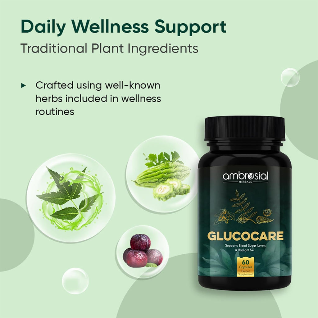 Ambrosial Glucocare Blood Sugar Control Tablets | Premium Herbal Formulation with Karela Jamun & Neem for Diabetes Care | Supports Healthy Blood Glucose Levels (Pack of 1-60 Capsules)