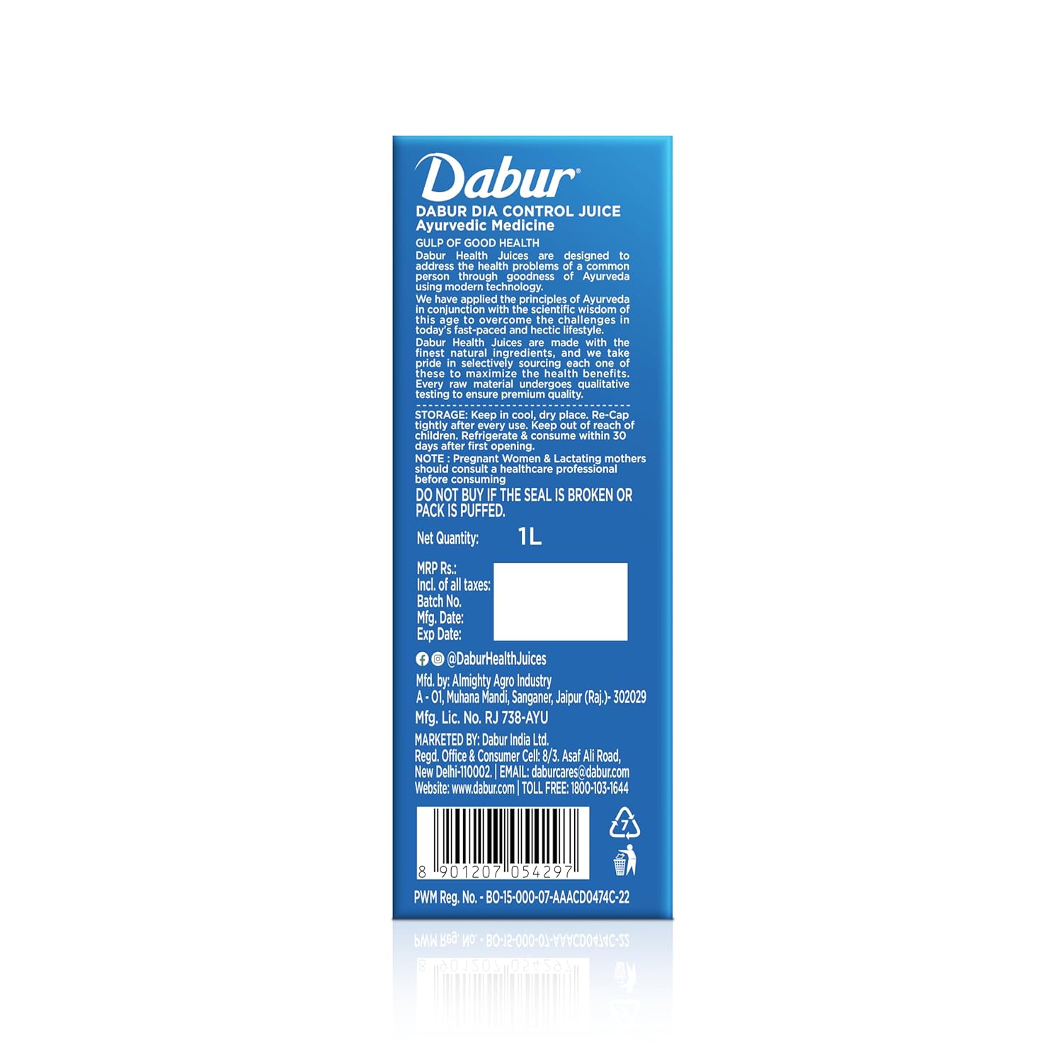 Dabur Dia Control Juice - 1L | Clinically Proven Diabetic Care | Supports Healthy Blood Sugar Levels & Insulin Sensitivity | Reduces Post Meal Sugar Spikes | Amla, Karela, Jamun, Triphala & More