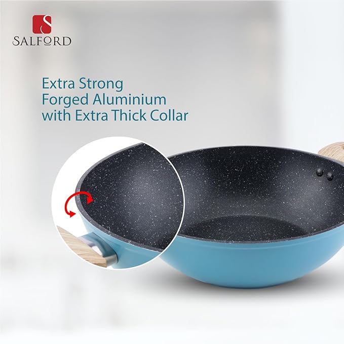 Salford by Ucook Forged Non-stick Kadhai + Glass Lid With Soft Touch Wooden Handle | Black Spatter Finish Dusty Blue | 260mm | 3.25 Litre