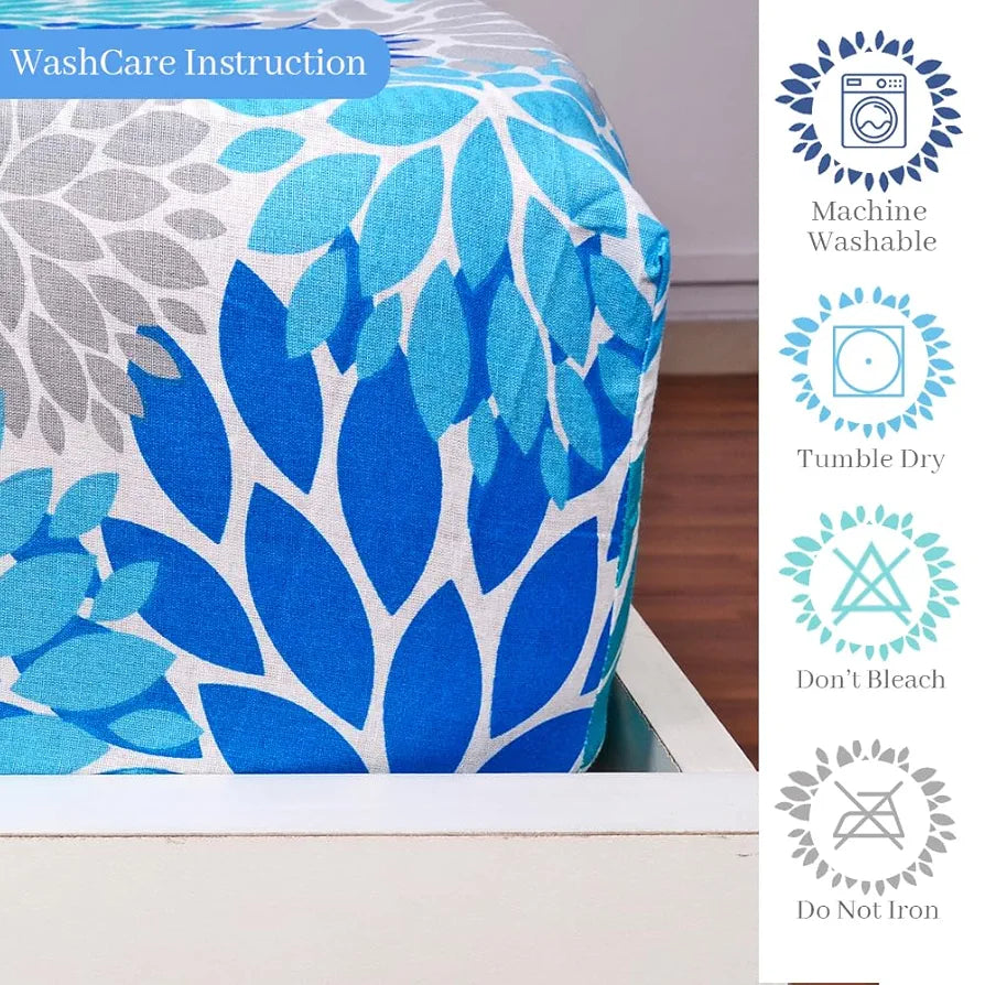 Divine Casa 144 TC Cotton Flower Print Queen Size Double Bed Elastic Fitted Bedsheet with 2 Pillow Cover Colour Dusk Blue