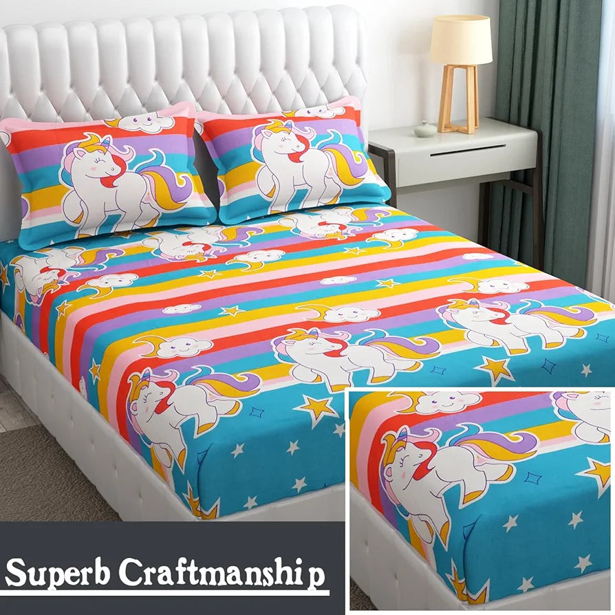 Fresh From Loom Bed Sheet Cartoon Printed Double Bedsheets King Size for Kids with 2 Pillow Cover Unicorn Multicolor