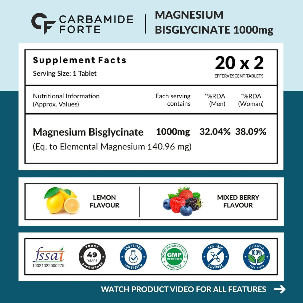 Carbamide Forte Magnesium Supplements Bisglycinate Effervescent Tablets 1000mg | Magnesium Glycinate Tablets | Supports Sleep, Muscle Cramp & Nerve Function - 2 X 20 Tablet - Lemon & Mixed Berry Flavour