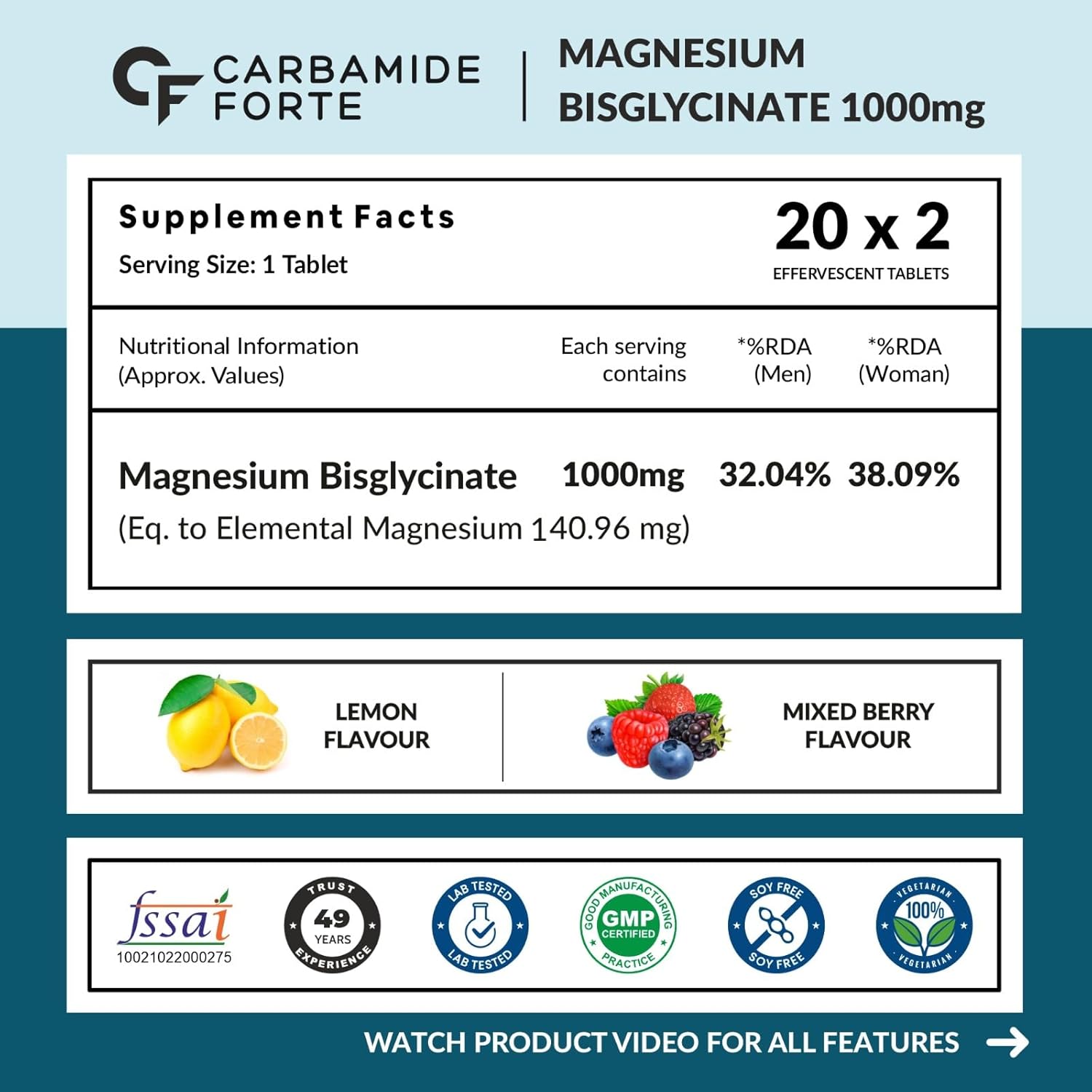 Carbamide Forte Magnesium Supplements Bisglycinate Effervescent Tablets 1000mg | Magnesium Glycinate Tablets | Supports Sleep, Muscle Cramp & Nerve Function - 2 X 20 Tablet - Lemon & Mixed Berry Flavour