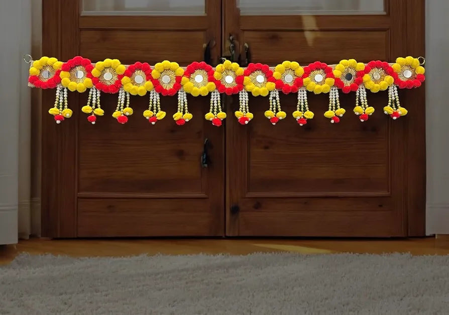 Pom Pom Toran 40 Inch Yellow & Red Decorative Jute Door Toran with Beads Jute Patta With Pom Pom Toran