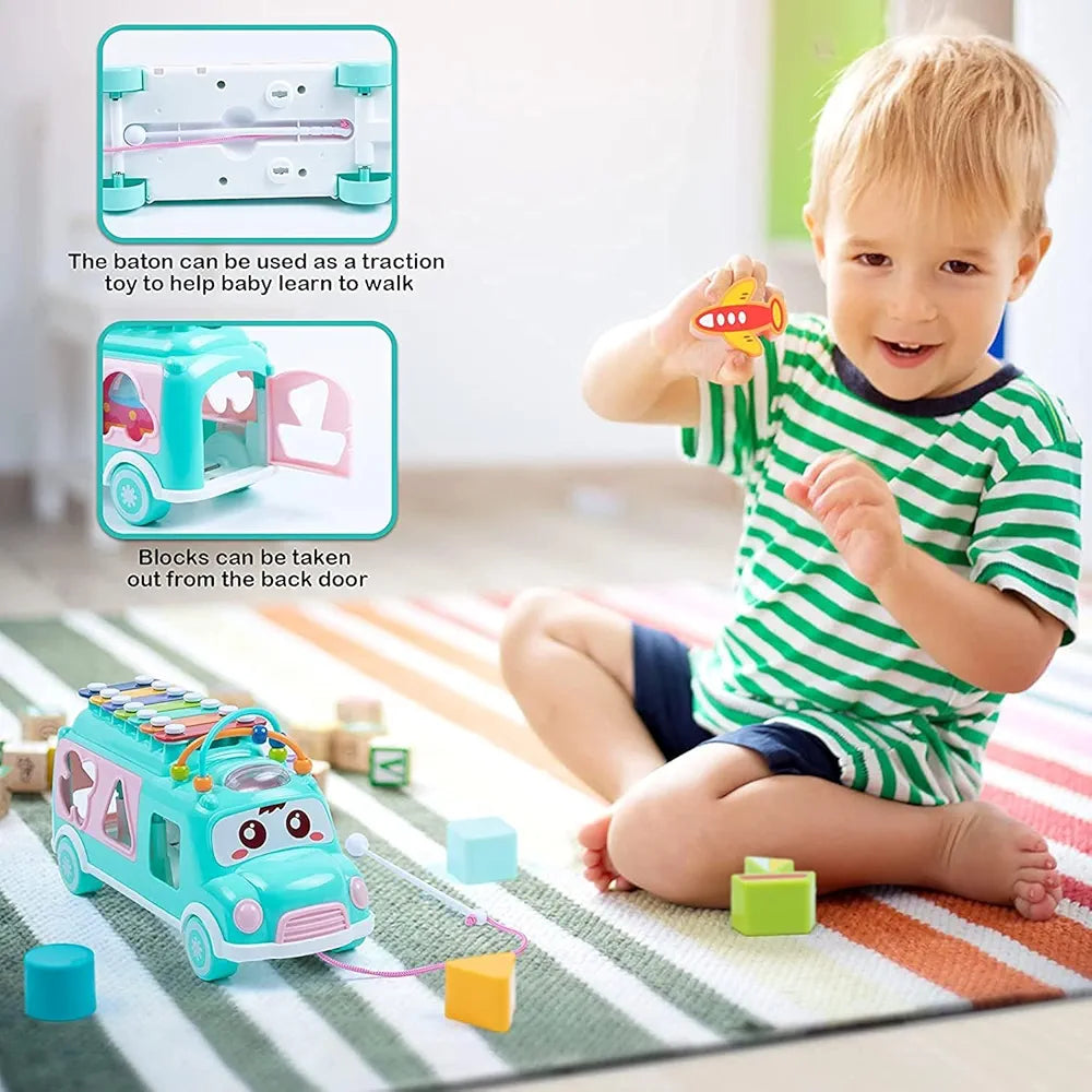 Lefan Plastic Musical Happy Bus Toy Baby Toys 6-18 Months with Xylophone & Shape Sorter Push & Pull Educational and Learning Toys for 1 2 3 4 5 Year Old Gift for Toddlers-Blue