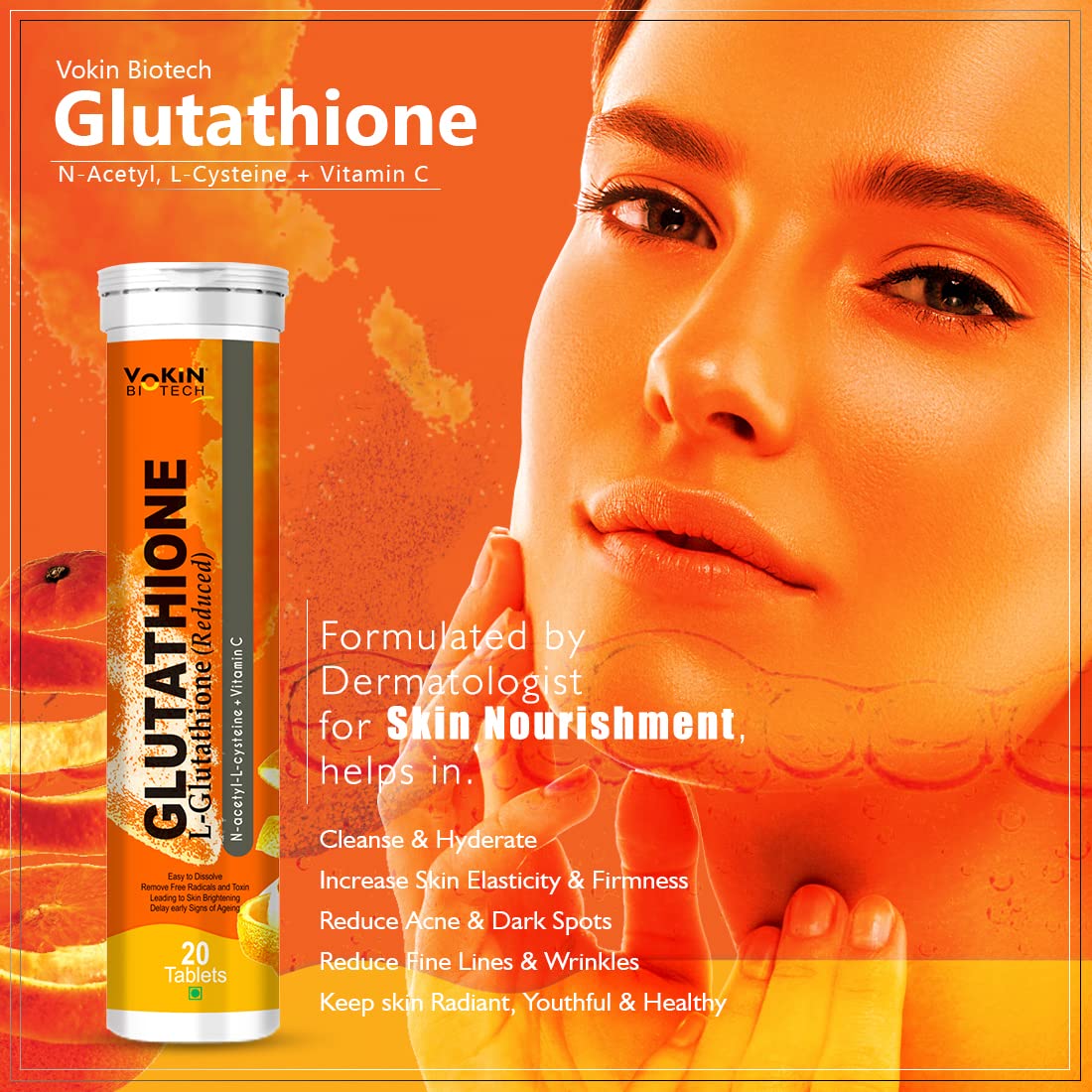Vokin Biotech L-Glutathione 600mg With N-Acetyl-L-Cysteine 400mg & Vitamin C 40mg Helps for Glowing & Radiant Skin | Dark spots & Tan Removal 20 Effervescent Tablets (20 Tablets)