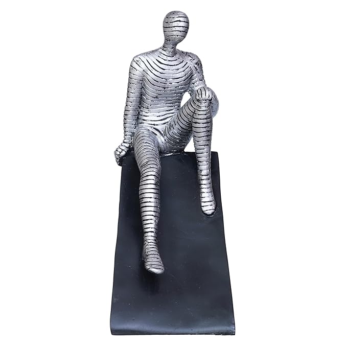 Ecraftindia Silver Man Statue Sitting on Triangle Black Base Human Figurine Decorative Showpiece