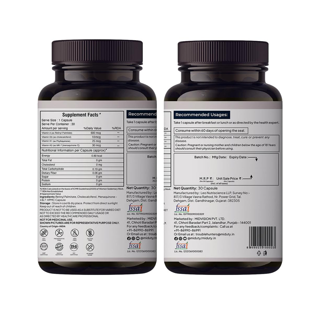 Miduty Vitamin ADK Multivitamin Contains Vitamin A - D3 - K1 - K2 Immunity Booster, Bone Strength, Healthy Heart Vitamin ADK Supplement For Men and Women - 30 Capsules