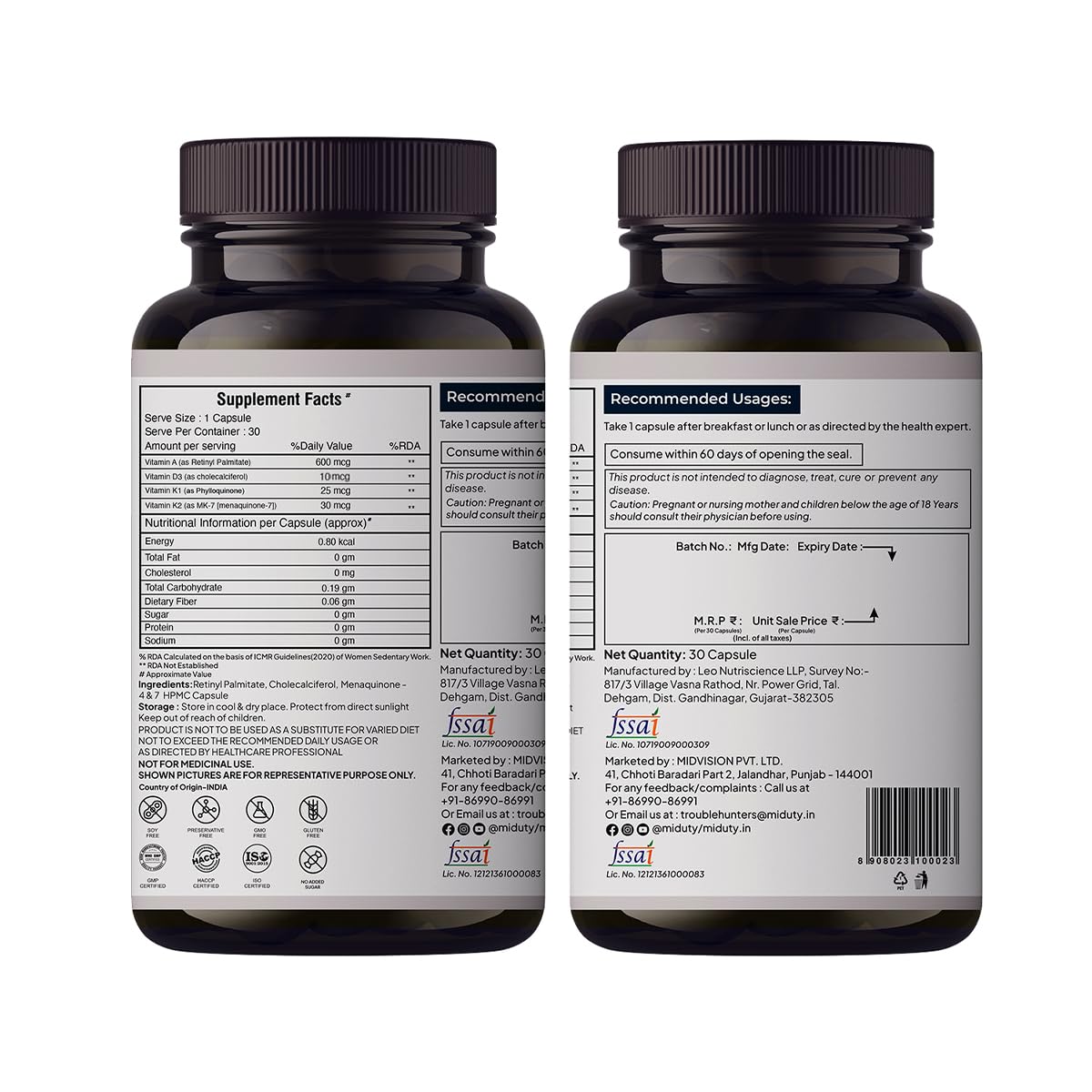 Miduty Vitamin ADK Multivitamin Contains Vitamin A - D3 - K1 - K2 Immunity Booster, Bone Strength, Healthy Heart Vitamin ADK Supplement For Men and Women - 30 Capsules