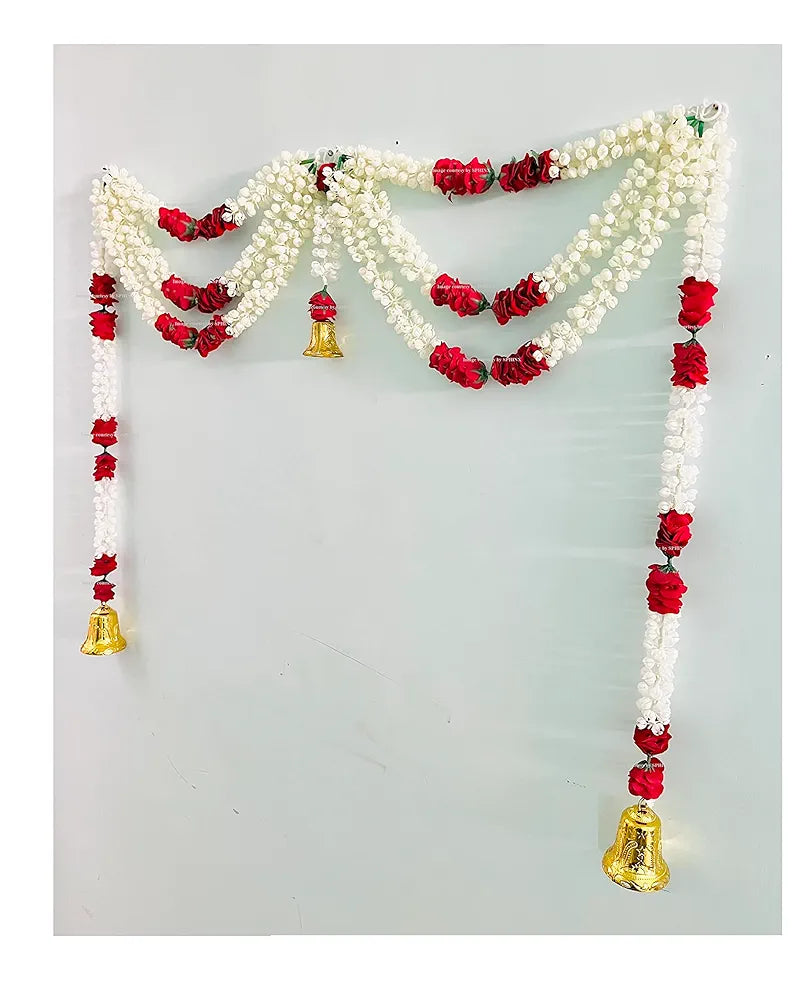 Artificial jasmine and roses Door Toran Triple line with Bells
