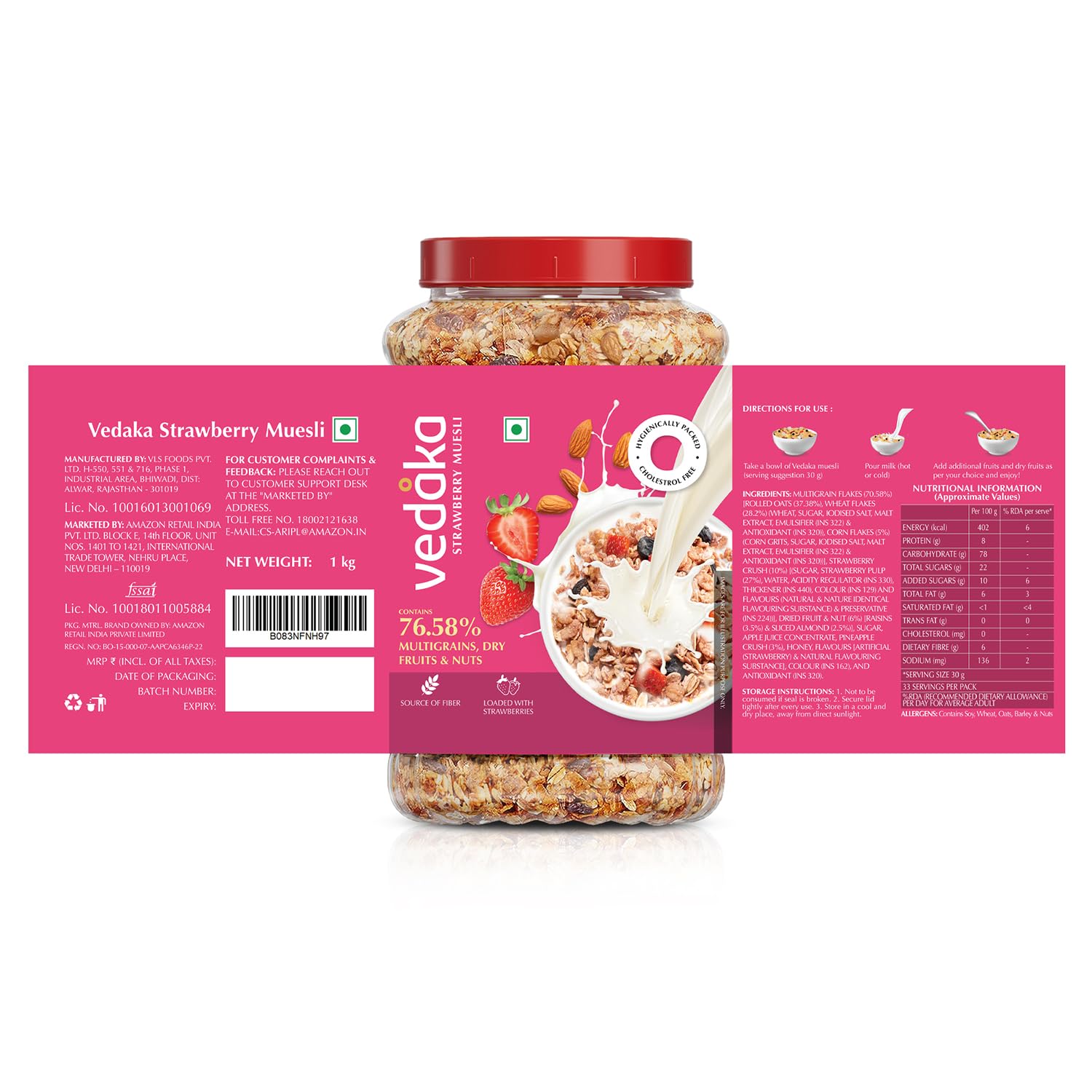 Vedaka Strawberry Muesli | 1 Kg | Jar | Contains 76.58% of Dry Fruits, Nuts and Multigrains | Source of Fiber | Loaded with Strawberries