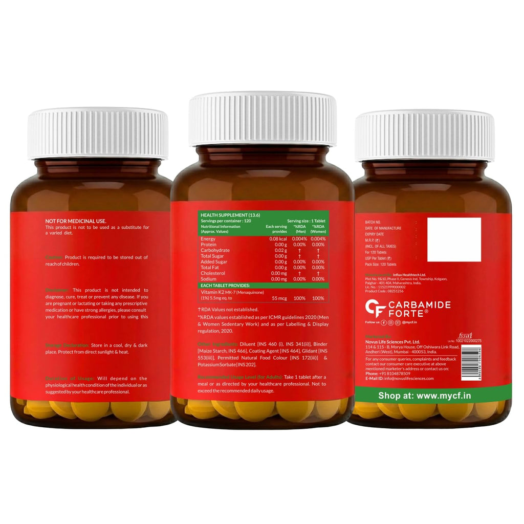 Carbamide Forte Vitamin K2 MK7 55 mcg | MK7 Form for Better Calcium Utilization | Vitamin K2 supplement to Support Strong Bones & Heart Health for Men & Women | 120 Vegetarian Tablets