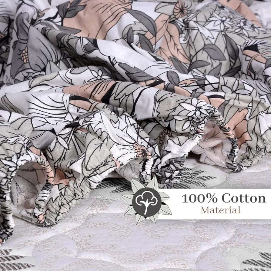 Divine Casa Cotton Classic Floral Bedsheet for Double Bed Elastic Fitted with 2 Pillow Covers  Griffin 144 Tc Colour Peach Nectar