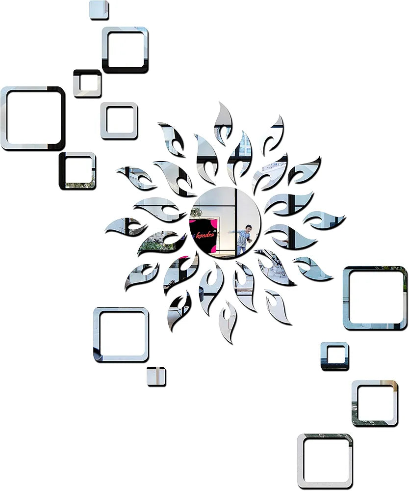 Bikri Kendra ARTBK132, Sun Silver Square Silver 2 Set Decorative Mirror Stickers 3D Acrylic