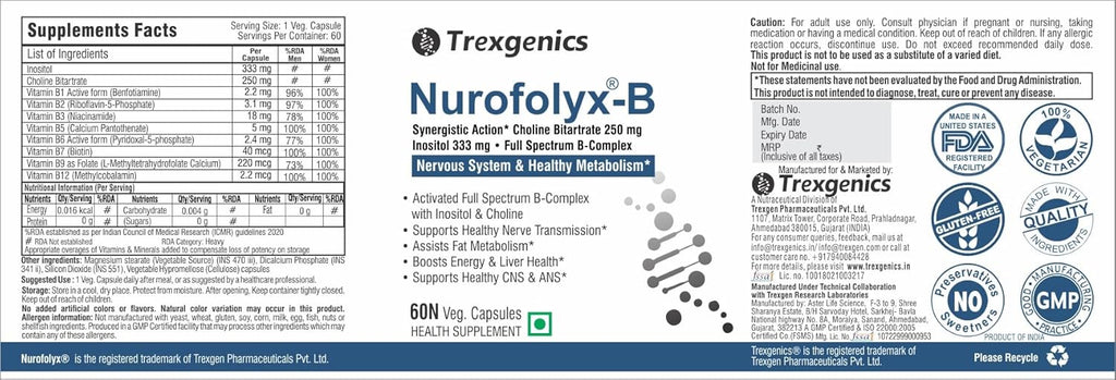 Trexgenics Nurofolyx-B Choline 250Mg,Inositol 333Mg & B-Comp B1 Benfotiamine,B2,B3,B6 Active P5P,B9 Active Folate,B12 Methylcobalamin Advanced Nervous System & Fatty Acid (60 Veg Capsules) (Pack Of 1)