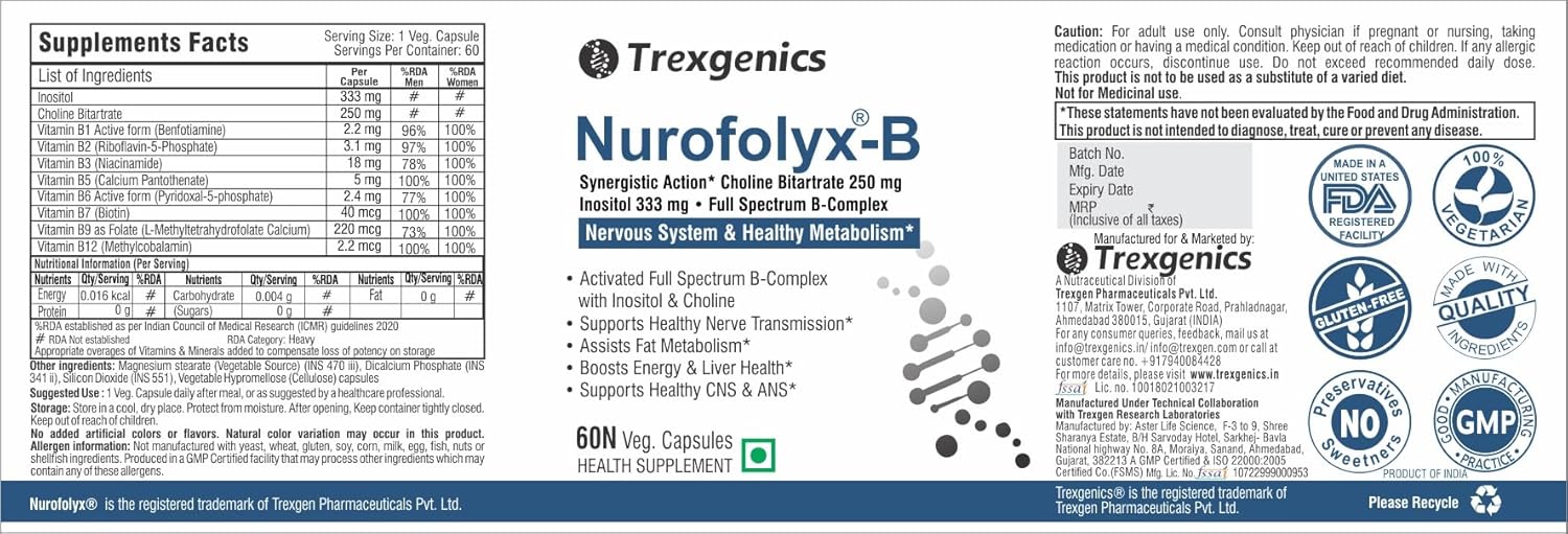 Trexgenics Nurofolyx-B Choline 250Mg,Inositol 333Mg & B-Comp B1 Benfotiamine,B2,B3,B6 Active P5P,B9 Active Folate,B12 Methylcobalamin Advanced Nervous System & Fatty Acid (60 Veg Capsules) (Pack Of 1)