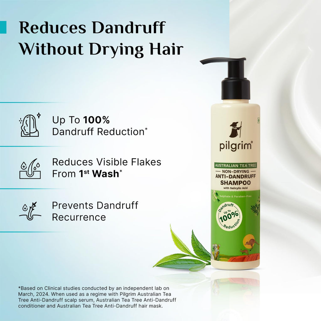 Pilgrim Australian Tea Tree Non-Drying Anti-Dandruff Shampoo 200 ml | Removes Dandruff from Source | Helps with Itching, Irritation | Strong & Smooth Hair | For Men & Women |