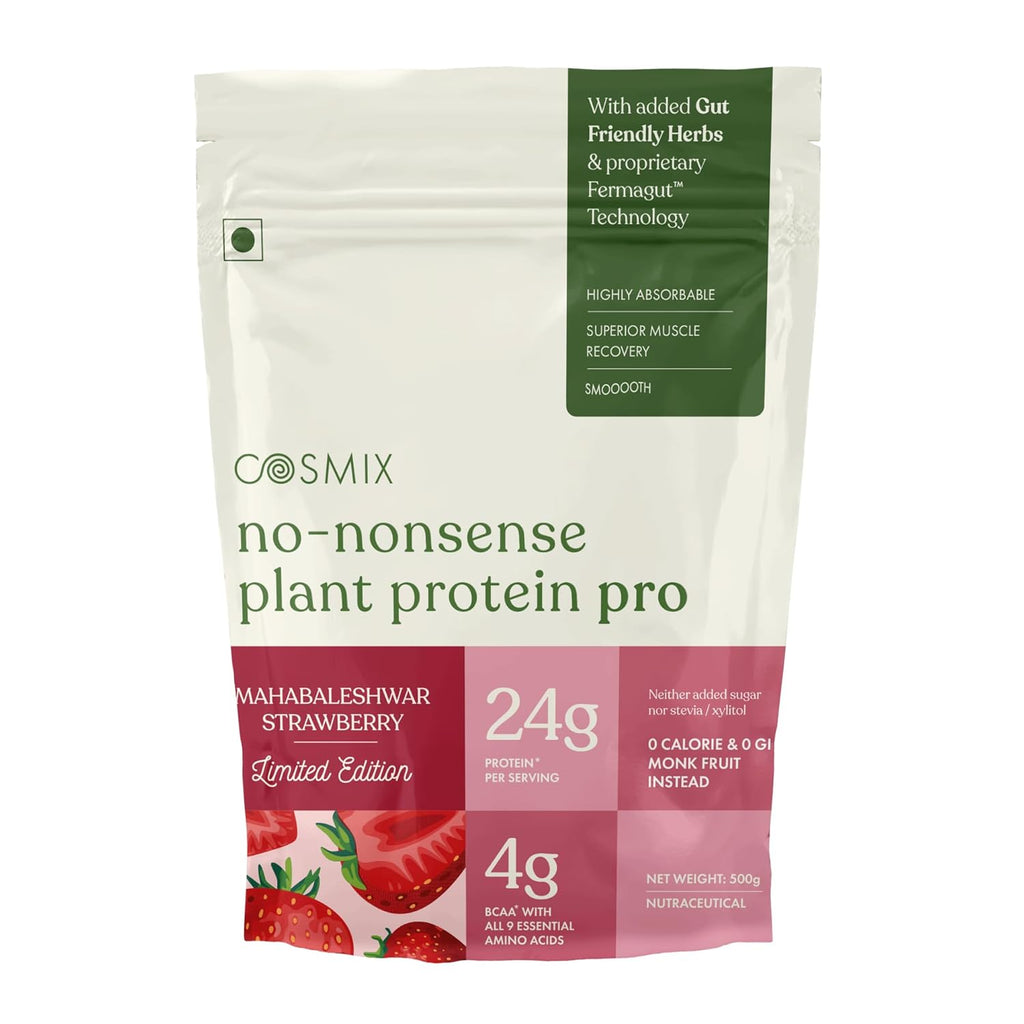 Cosmix No-Nonsense Plant Protein Pro | 24g Plant Protein/Serve | Mahabaleshwar Strawberry | Clean Vegan Yeast Protein | Gut-Friendly | Easy to Digest | All Essential Amino Acids | Made with Real Mahabaleshwar Strawberries | 500gm