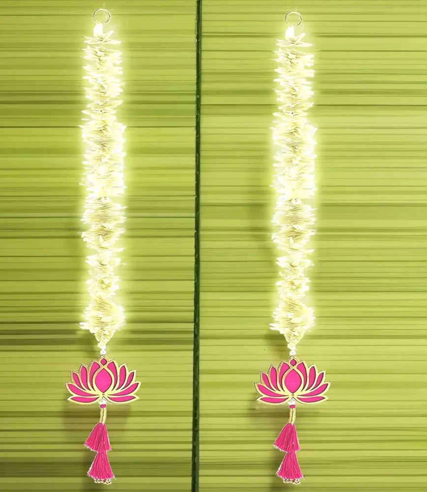 Handmade Artificial Mogra Garland with Lotus Hanging for Decoration White Flower Strings with Pink Lotus & Tassel