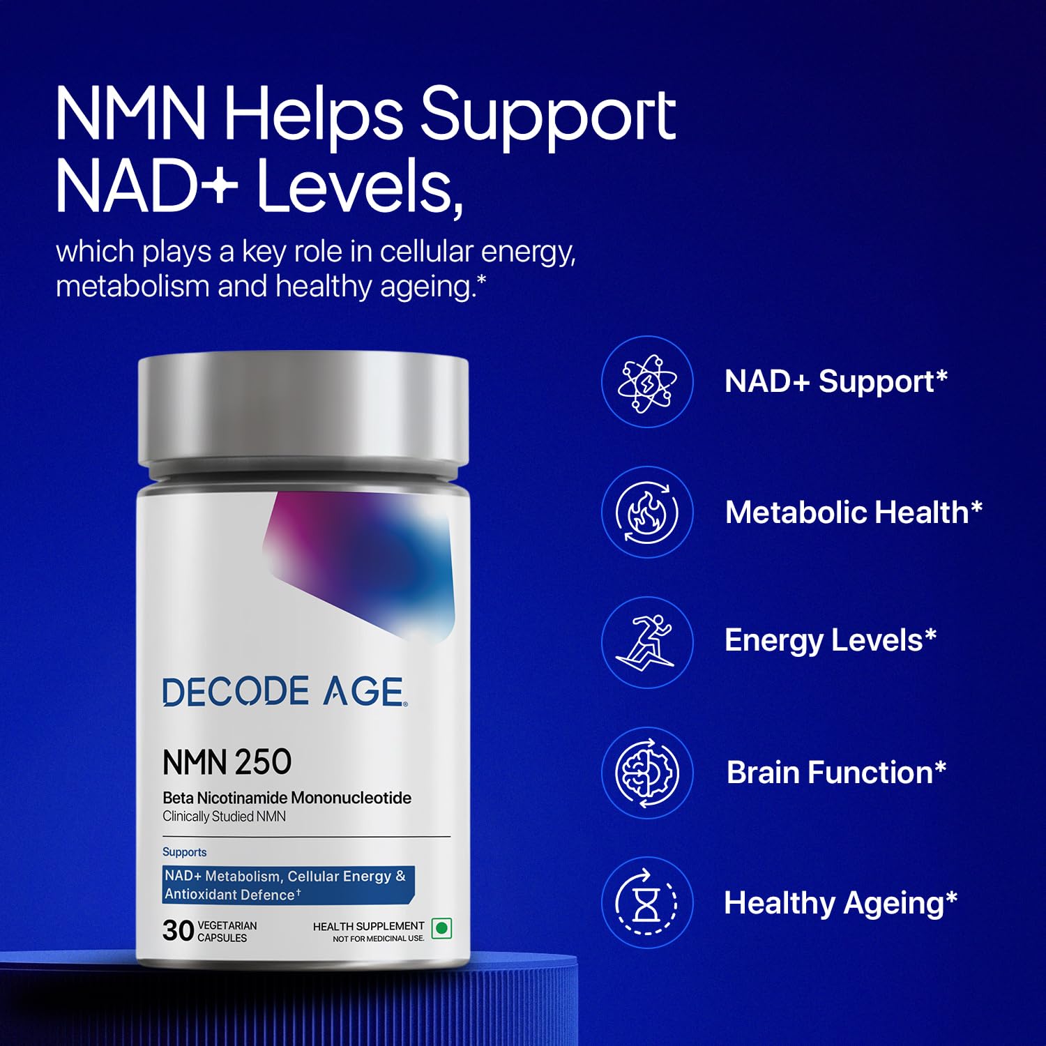 Decode Age NMN Supplement 250 mg | 99% Pure NMN for Anti-Aging, NAD+ Boost & Cellular Energy | High Absorption Nicotinamide Mononucleotide | Longevity & DNA Repair Support | 30 Capsules