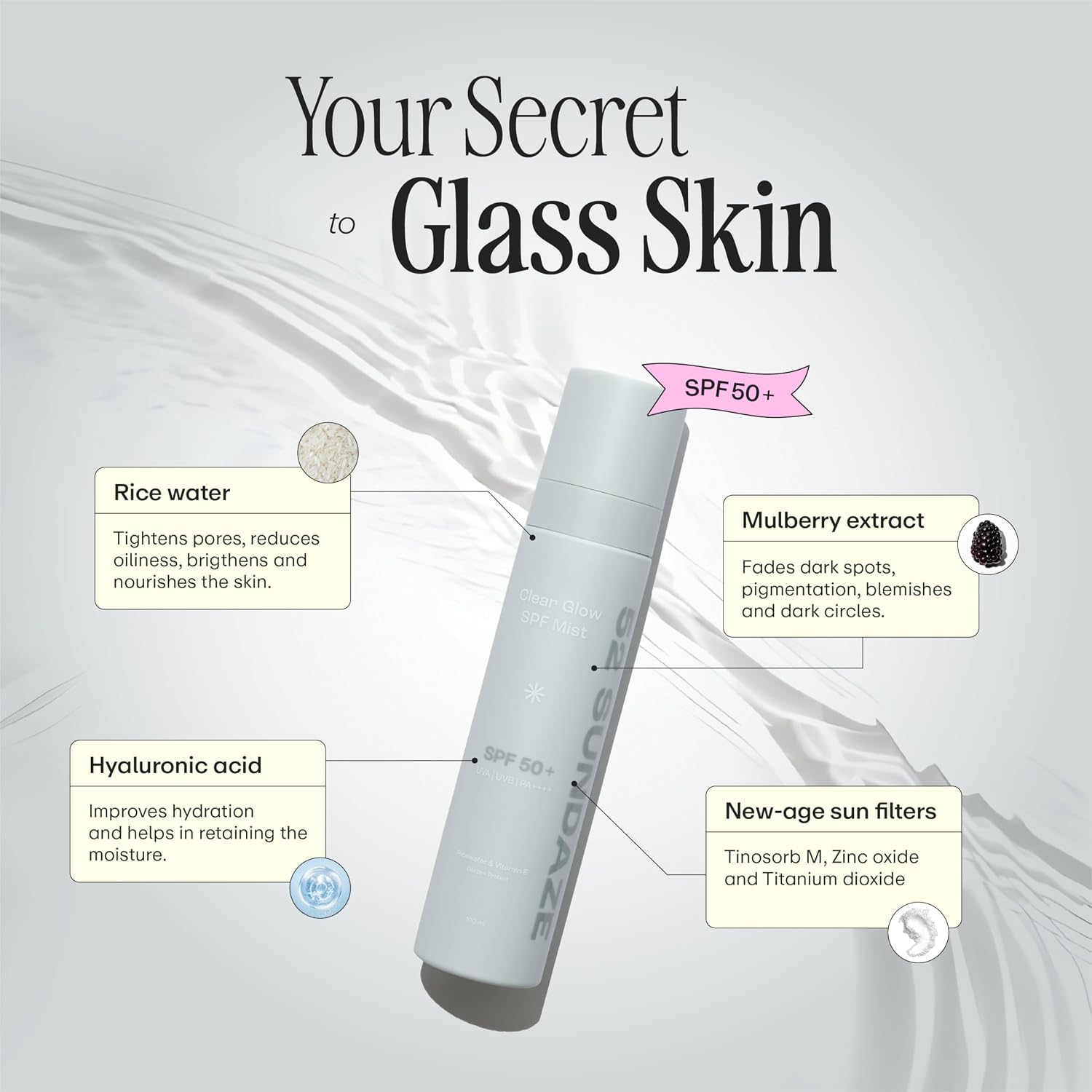 52 Sundaze Rice Water Sunscreen Mist SPF 50 PA++++ | Broad Spectrum UVA/UVB Protection | Alcohol-Free | Invisible, No White Cast | Lightweight, Reapply Over Makeup | For Oily, Combination, Acne-Prone & Sensitive Skin | 100 ml