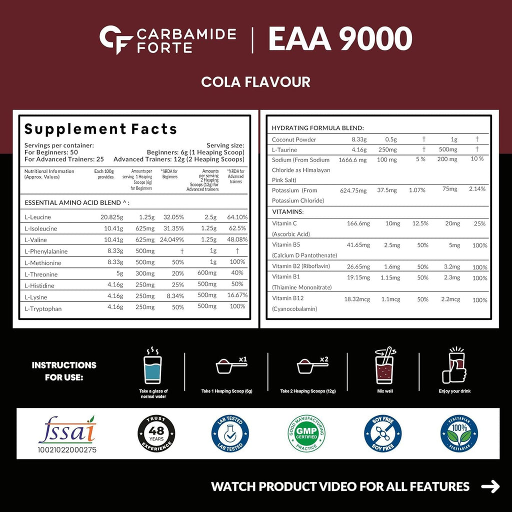 Carbamide Forte Eaa Supplement For Men & Women With Hydration Blend & Vitamins | Eaa intra workout Supplement With Bcaa 5000Mg - Cola Flavour - 50 Servings - Powder 300G