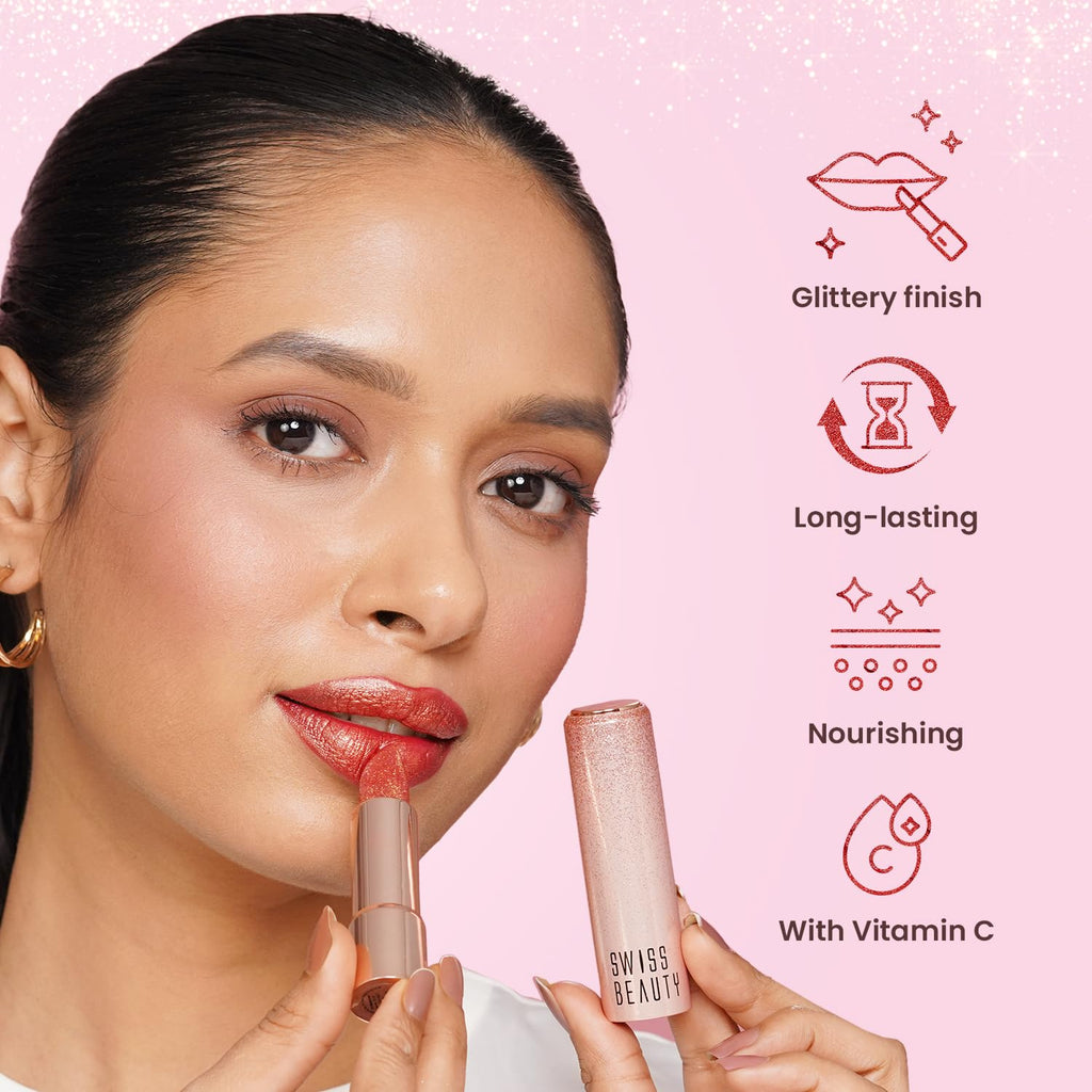 Swiss Beauty More Than Glitter Lipstick | Glittery Finish | Nourishing | With Vitamin C | One Swipe Smooth Glide | Shade- 3 Glimmer Coral, 3gm