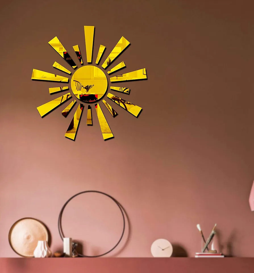 Bikri Kendra Sun Golden Model-8 Mirror Stickers for Wall, Acrylic Mirror Wall Decor Sticker