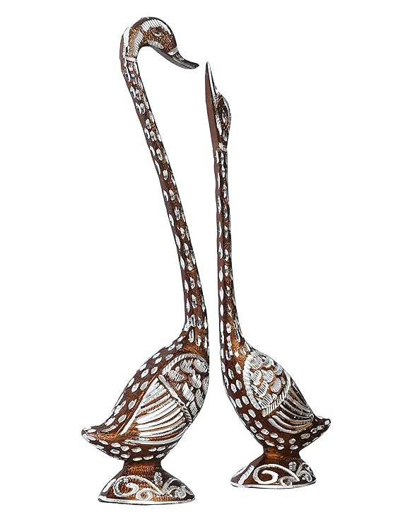 Ecraftindia Brown Metal Handcrafted Kissing Swan Couple Statues Love Birds Figurines Decorative Showpieces