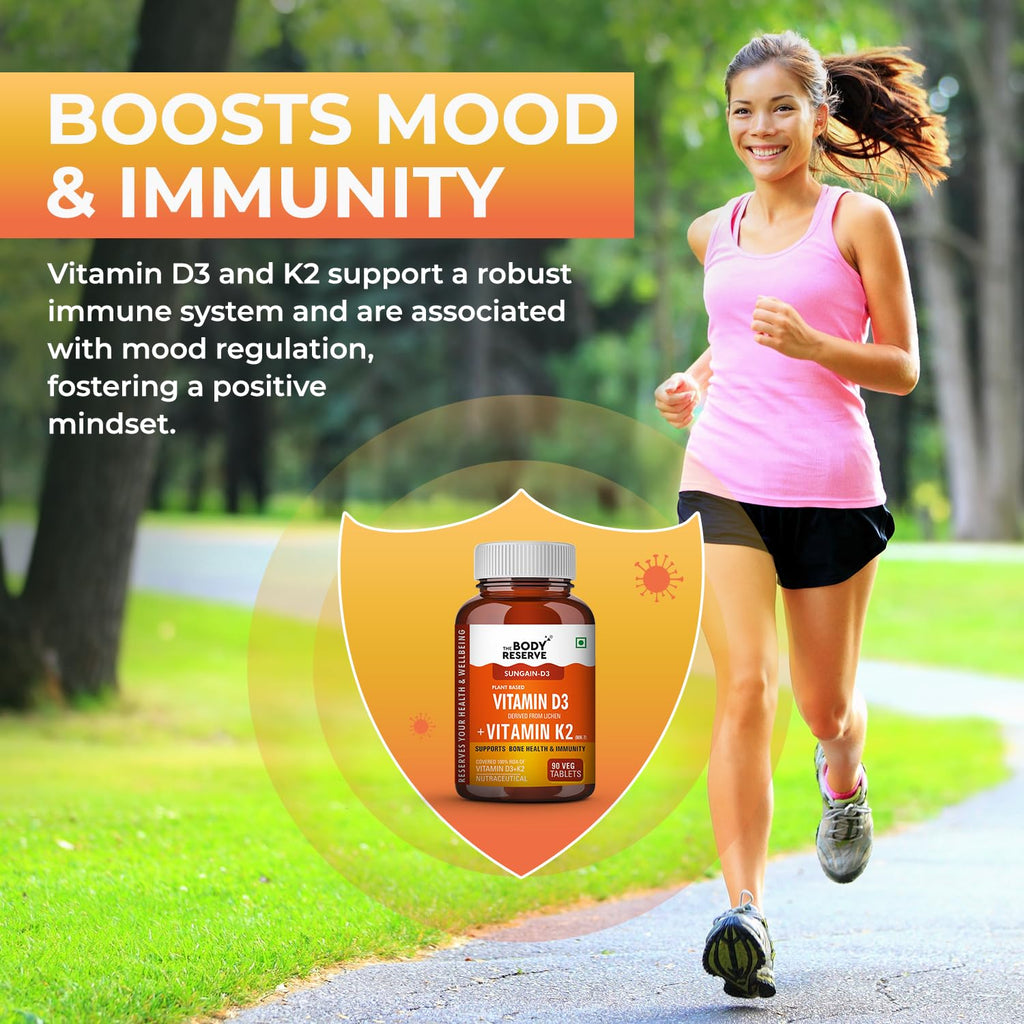 The Body Reserve Vitamin D3 K2 MK7-90 Veg Tablets, 100% RDA Plant-Based Vitamin D3 Supplement from Lichen Source with Vitamin K2 as MK7 Menaquinone
