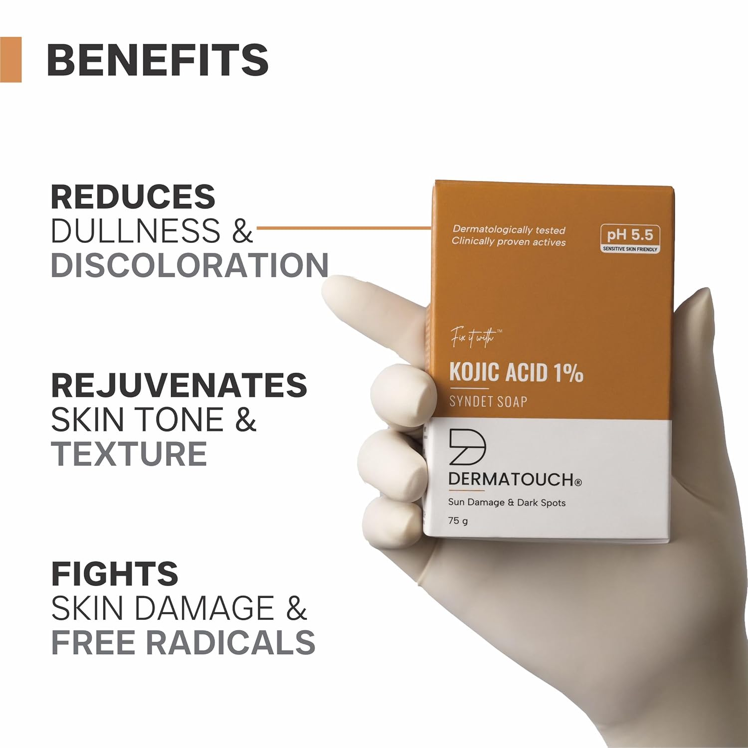 DERMATOUCH Kojic Acid 1% Soap with Glutathione | For Pigmentation & Sun damage | Soap for Men & Women | Suitable for All Skin Types | 75g