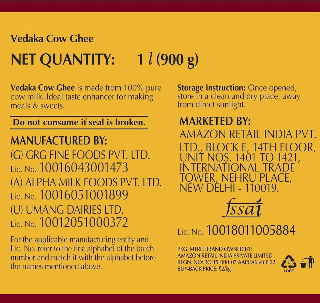 Vedaka Cow Ghee | 1 L Jar | Rich Aroma