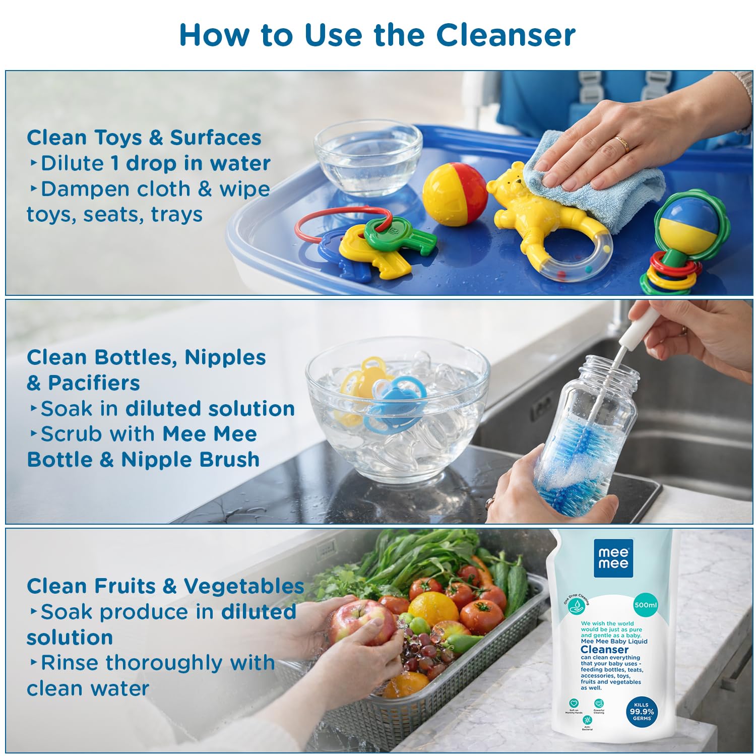 Mee Mee Liquid Cleanser 500 ml | Anti-Bacterial Formula Kills 99.9% Germs | For Bottles, Nipples, Accessories, Toys, Fruits & Vegetables | Alcohol-Free, One-Drop Cleaning, Dermatologically Tested