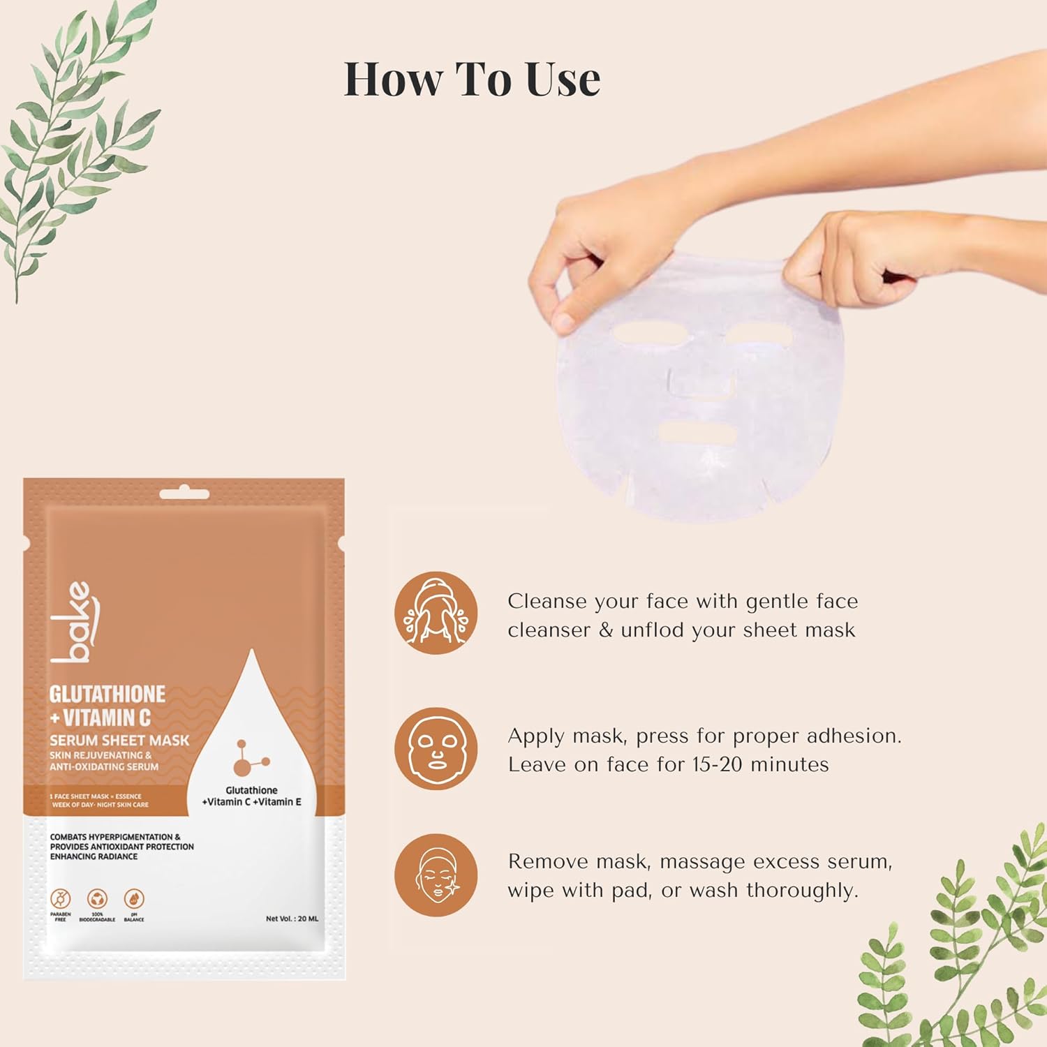 BAKE L-Glutathione Sheet Mask for Glowing Skin with Vitamin C for Instant Glow & Bright Skin | For Dark Spots, Pigmentation & Tan Removal | For All Skin Types - 20g