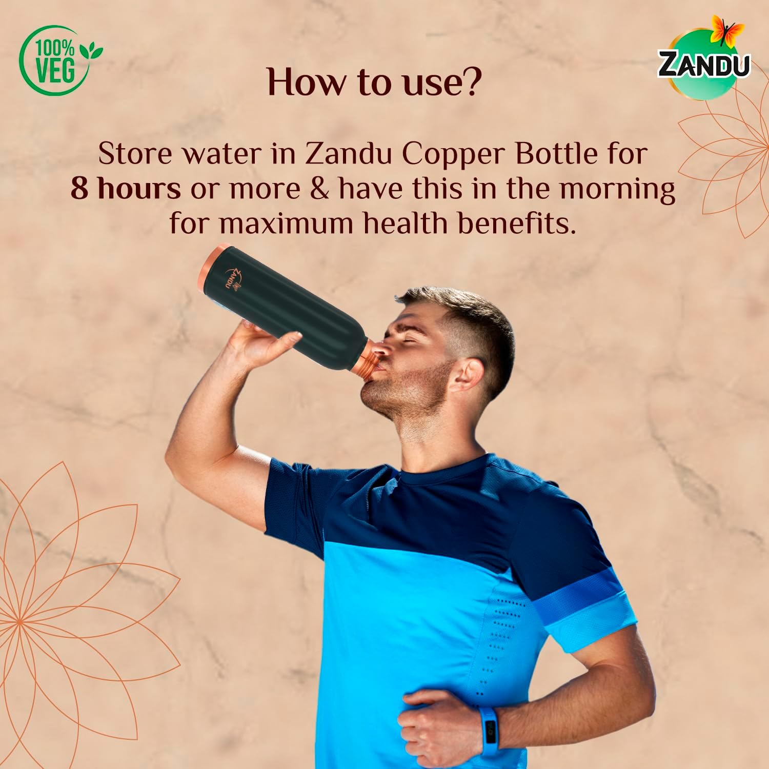 Zandu Copper Bottle : Prepared with 100% Pure Copper |Supports Digestive & Liver Health | Helps Enhance Immunity| Useful in Promoting Overall Health (Pack of 950 ml)