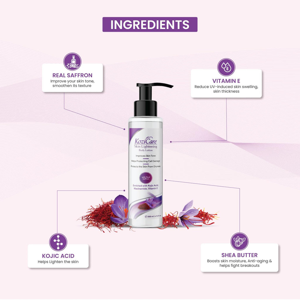 Kozicare Cream Saffron Body Lotion For All Skin Types | Shea Butter Body Lotion, Niacinamide & Kojic Acid Body Lotion | Reduce Dryness & Flakiness | Soft, Supple & Moisturize Skin - 200 Ml