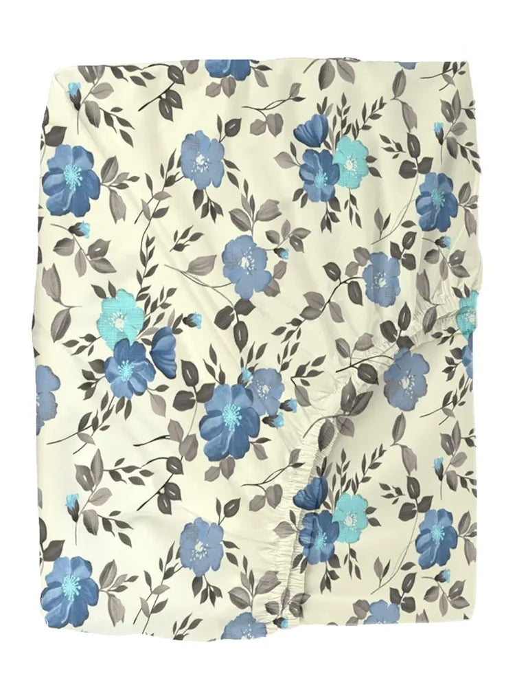 Trance Home Linen 180TC 100% Cotton 78"x60" Standard Queen Size Elastic Fitted Bedsheet Printed Queen Bed Size with 2 Pillow Covers Colour Blooms Blue