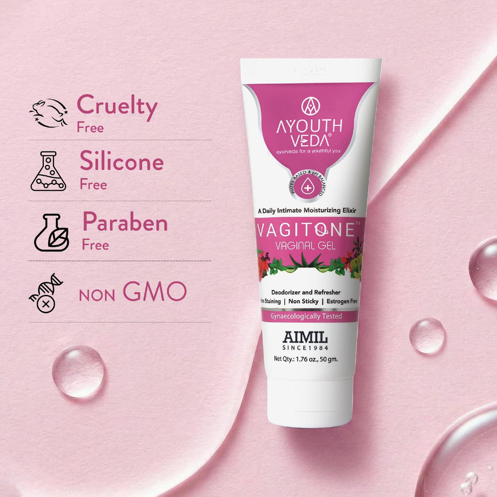 Ayouthveda Vagitone Vaginal Gel for Women | Dual-Action Anti-Infective & Toning Gel | Controls Infections Secretions | Estrogen-Free, Gynaecologically Tested | With Sphatika, Amla & Maju Phal | 50g (Pack of 1)