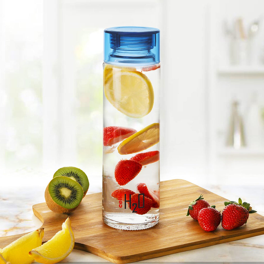 Cello H2o Glass Fridge Water Bottle With Plastic Cap | 920 ml | Set of 6 | Blue