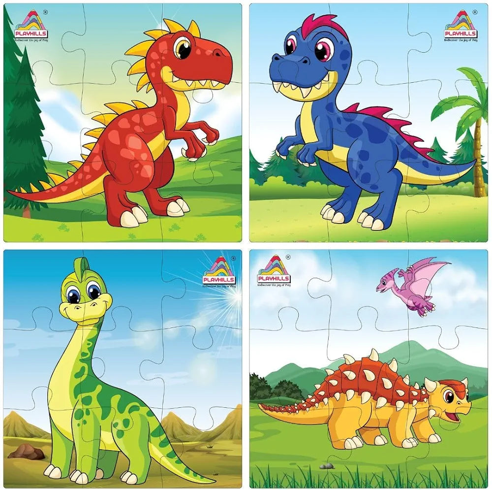Playhills Wooden Jigsaw Puzzle Set Cute Dinosaurs Theme 9-Piece Puzzles for Kids Educational Learning Toy Set of 4 for Children